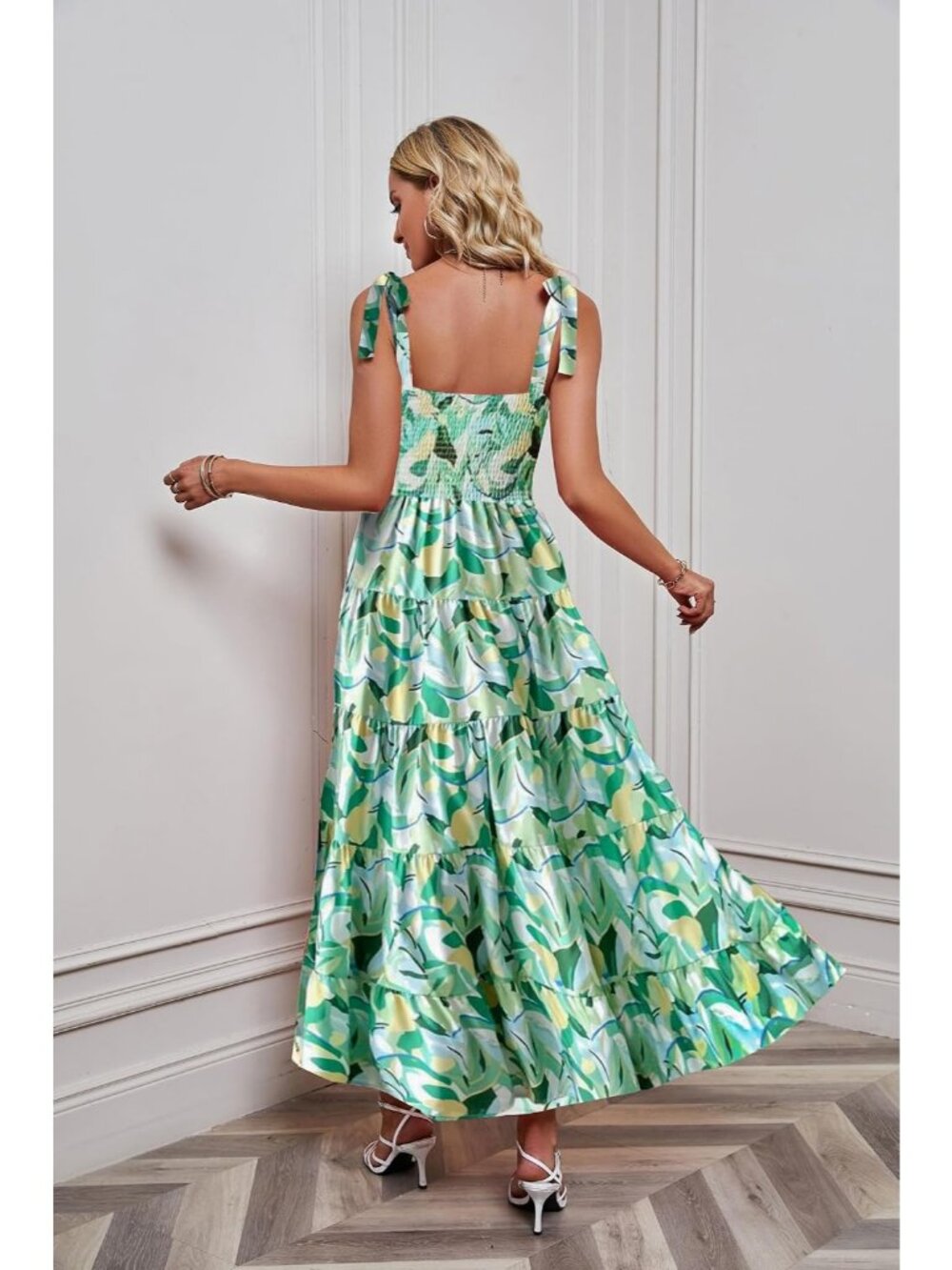Women's Green Floral Sleeveless Square Neck Ruffle Flowy Imported Maxi Dress - Picture 4 of 5